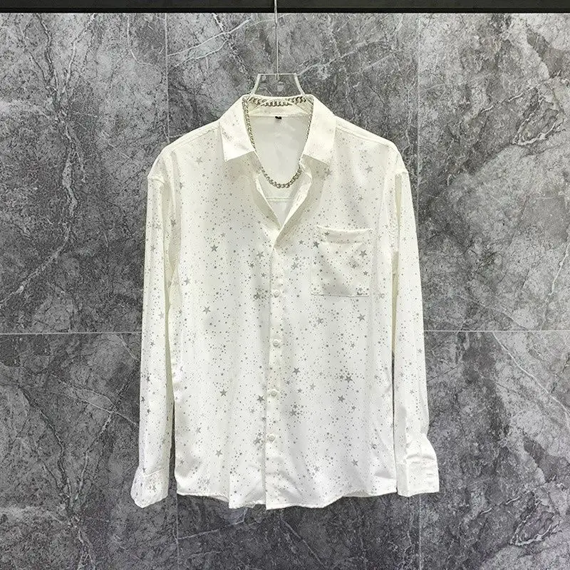 Spring Autumn New Fashion Printing Babysbreath Shirts Men's Clothin POLO Collar Loose Buttons Korean Chaopai Simplicity Blouse