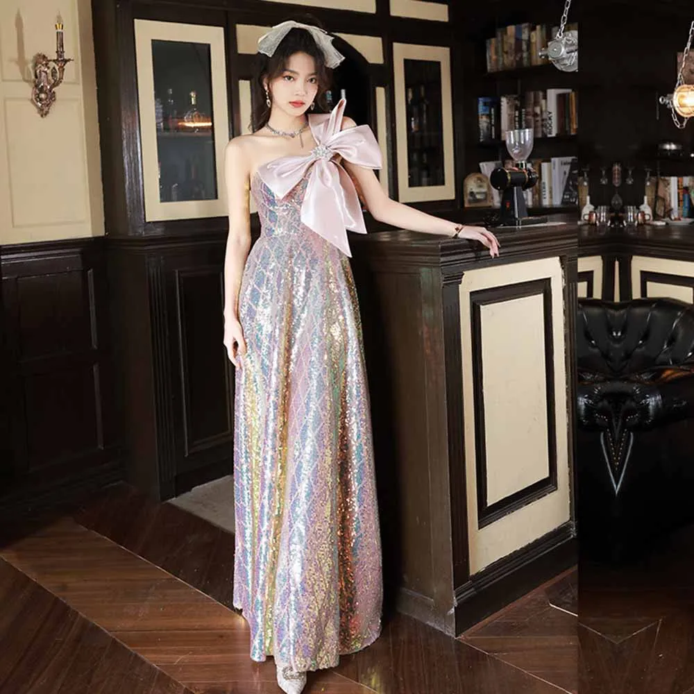 

Light Luxury Pink Evening Dress Women's Sequins Backless One Shoulder Slip Dress Big Beading Satin Bow Applique Long Vestido