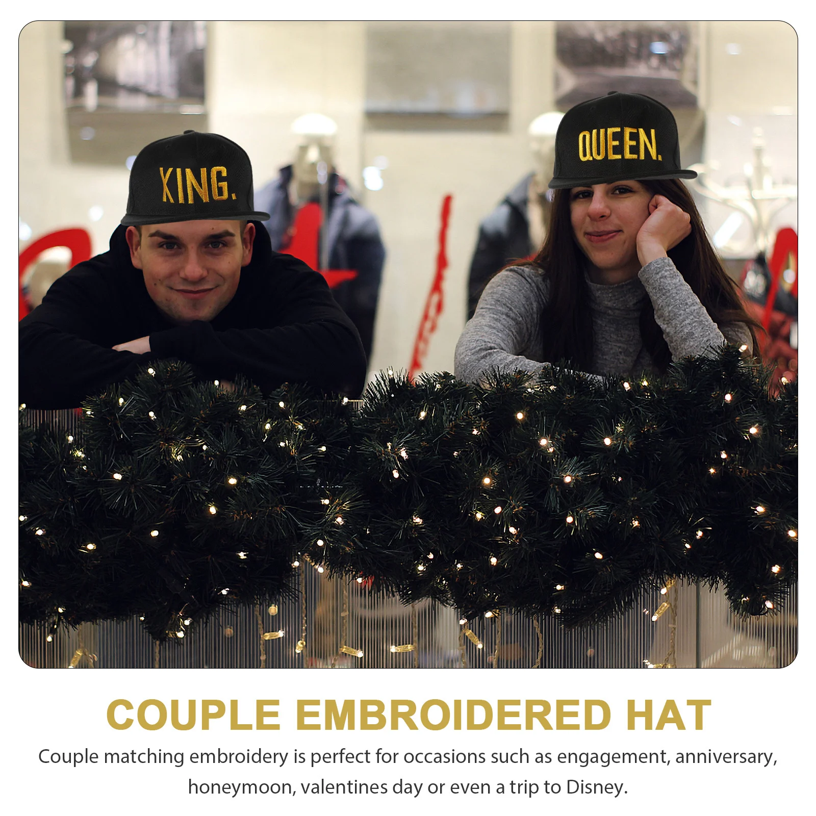 

2Pcs Hip Hop Queen 3D Embroidered Snapback Caps Adjustable Strap Couple Matching Lovers Baseball Caps for Anniversary