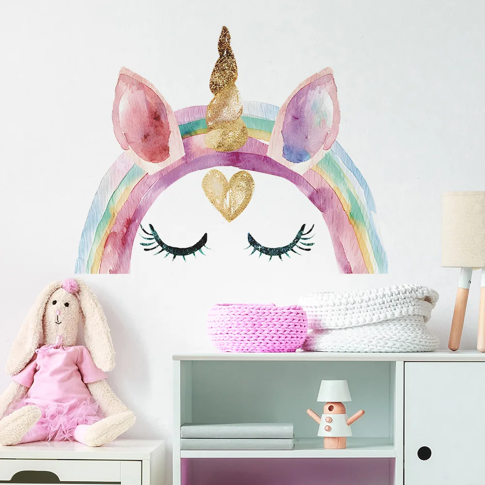 Akwarela tęczowa opaska jednorożec złote rogi naklejki ścienne zdejmowane naklejki z kreskówek PVC do pokoju dziecięcego dekoracja przedszkola do sypialni dziecka