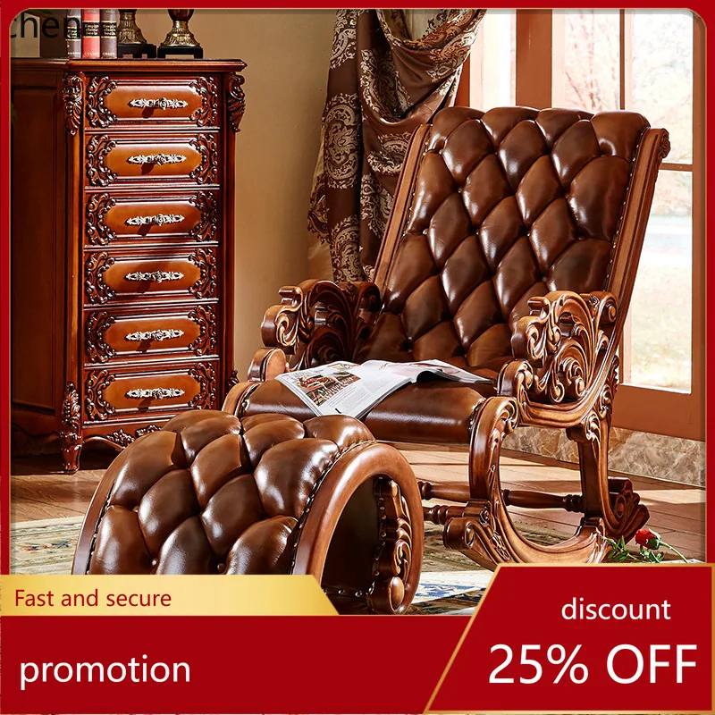 HT Solid Wood Carved Rocking Chair Luxury Balcony Home Leisure Recliner Genuine Leather Sofa Chair Set