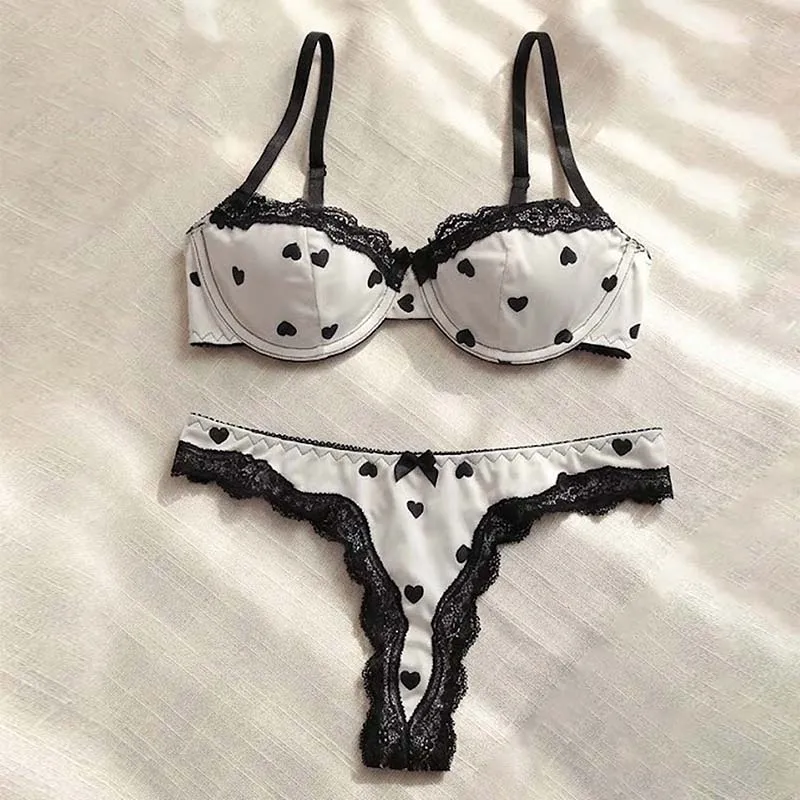 Women Sweet Heart Print Lingerie Set Black Lace Trim Bow Underwire Bra&Matching Panty 2Pcs Honeymoon Romantic Intimate Underwear