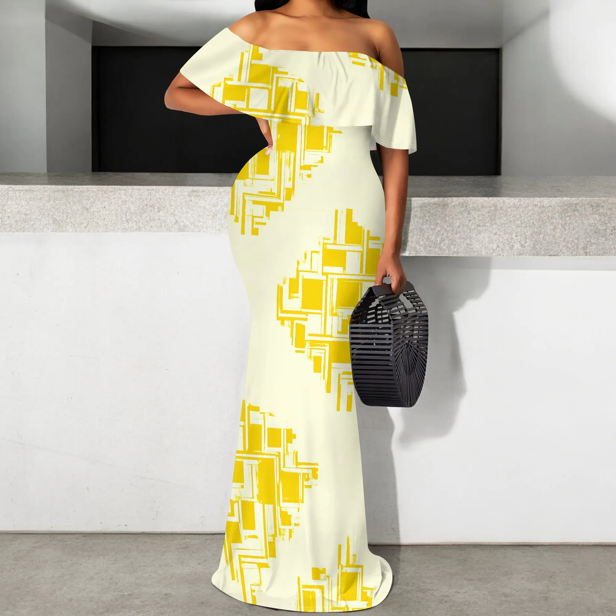 

Yellow Geometric Print Maxi Dress S-3XL Off Shoulder Slim Fit Style for Art Brunch, Vacation Look or Summer Gallery Outing