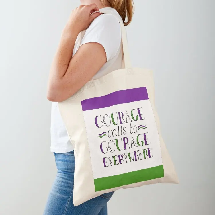 

Suffragette Quote Courage Calls to Courage Everywhere on suffragette flag colours Tote Bag