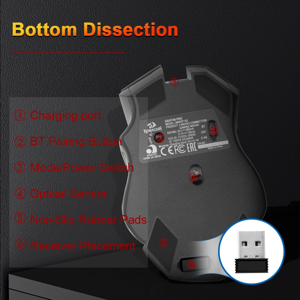 REDRAGON Griffin M602P-KS RGB USB 2.4G دعم لاسلكي بلوتوث ماوس ألعاب سلكي 4800 ديسيبل متوحد الخواص للاعبين الفئران الكمبيوتر الكمبيوتر المحمول