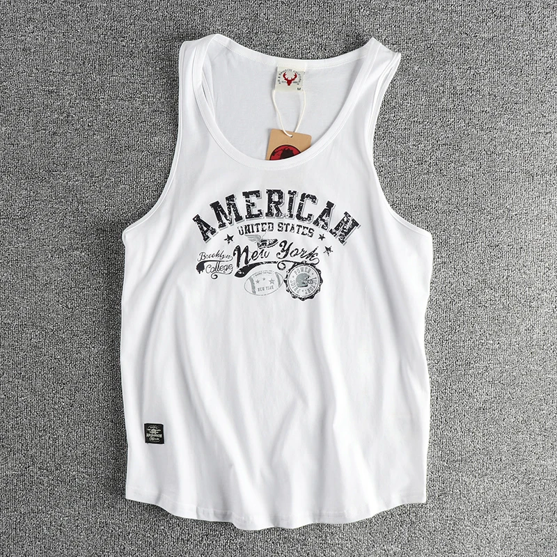 American Letter Print 100% Cotton Sleeveless Vest for Men Vintage Summer Casual Loose Versatile Camisole T-shirt Tees Tank Tops