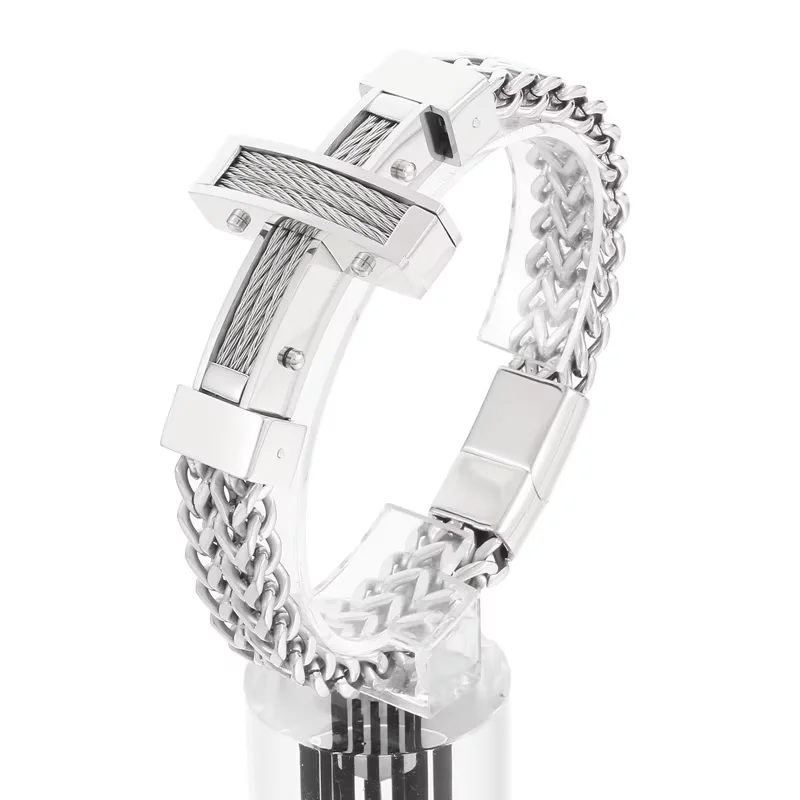 Fongten 21cm Mesh Bracelet for Men Stainless Steel Cable Cross Wristband Chain Male Bangle Bracelets Multiple Color Jewelry