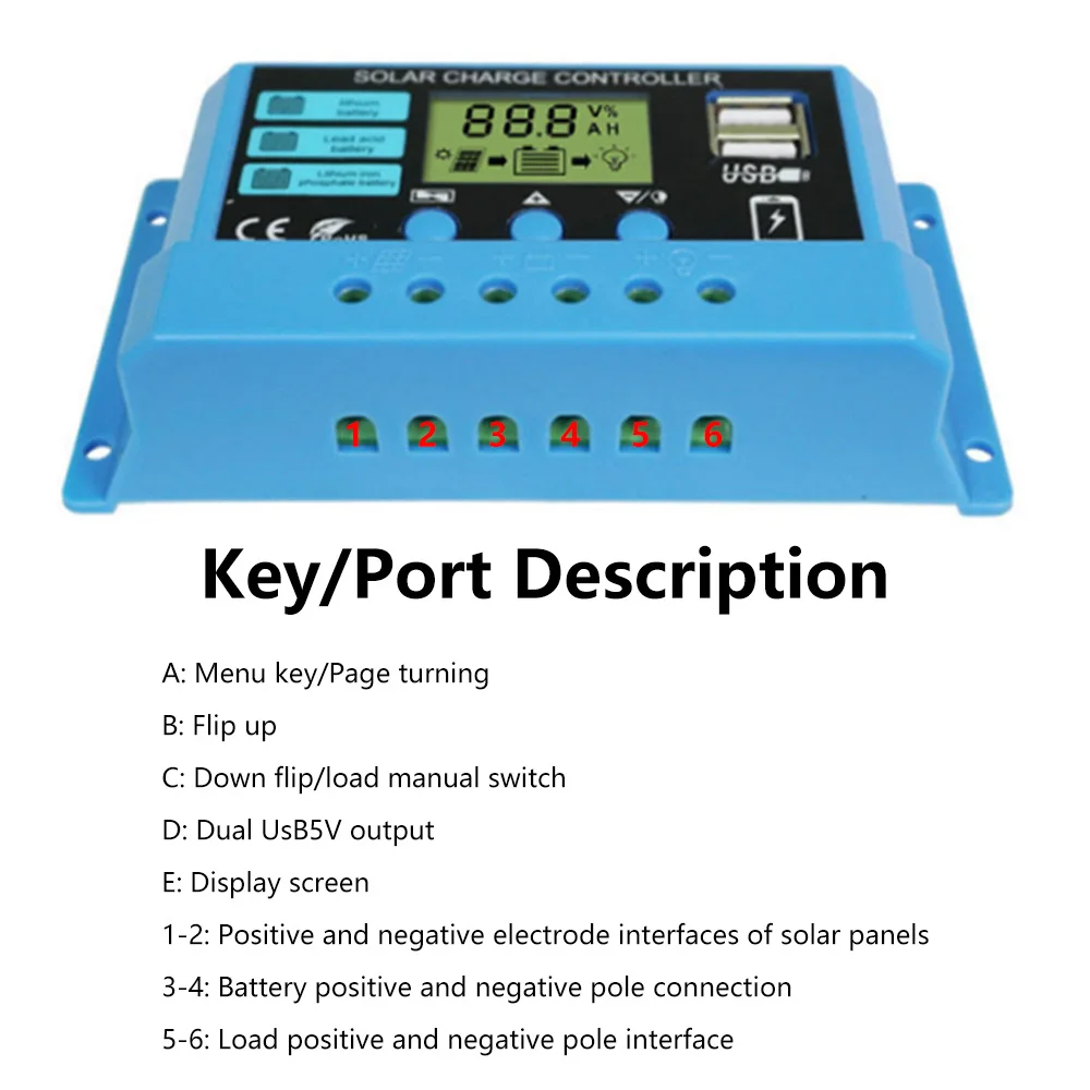 10A 20A 30A PWM Solar Charge Controller 12V 24V PV Regulator LCD Dual Port Solar Panel Controller for Lead-Acid Lithium Battery