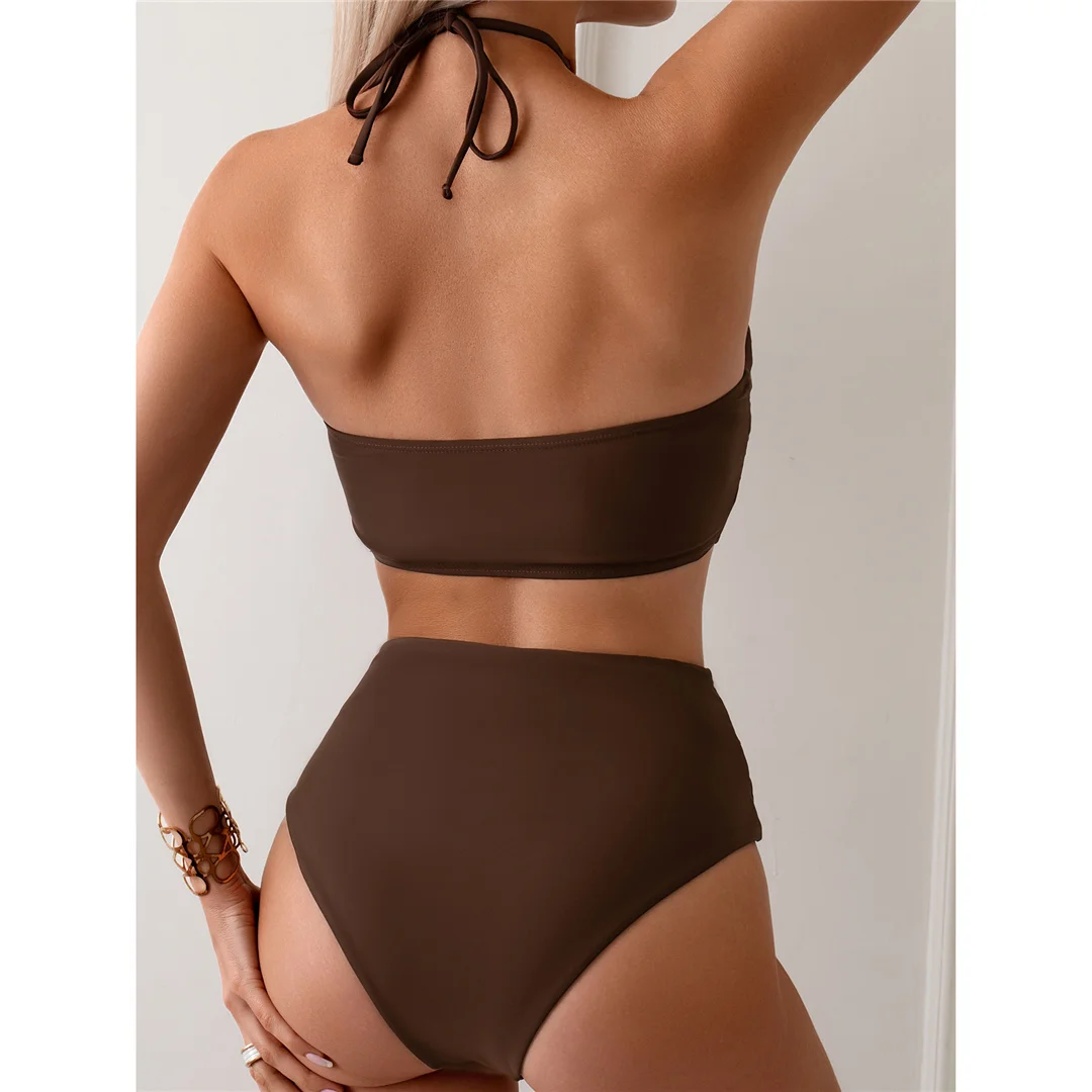 Halter Neckholder-Bikini mit Falten, hoher Halsausschnitt, Damen-Badeanzug, Bikini mit hoher Taille, zweiteiliges Bikini-Set, Badebekleidung, Badeanzug, Modell V5616 – Detail 10