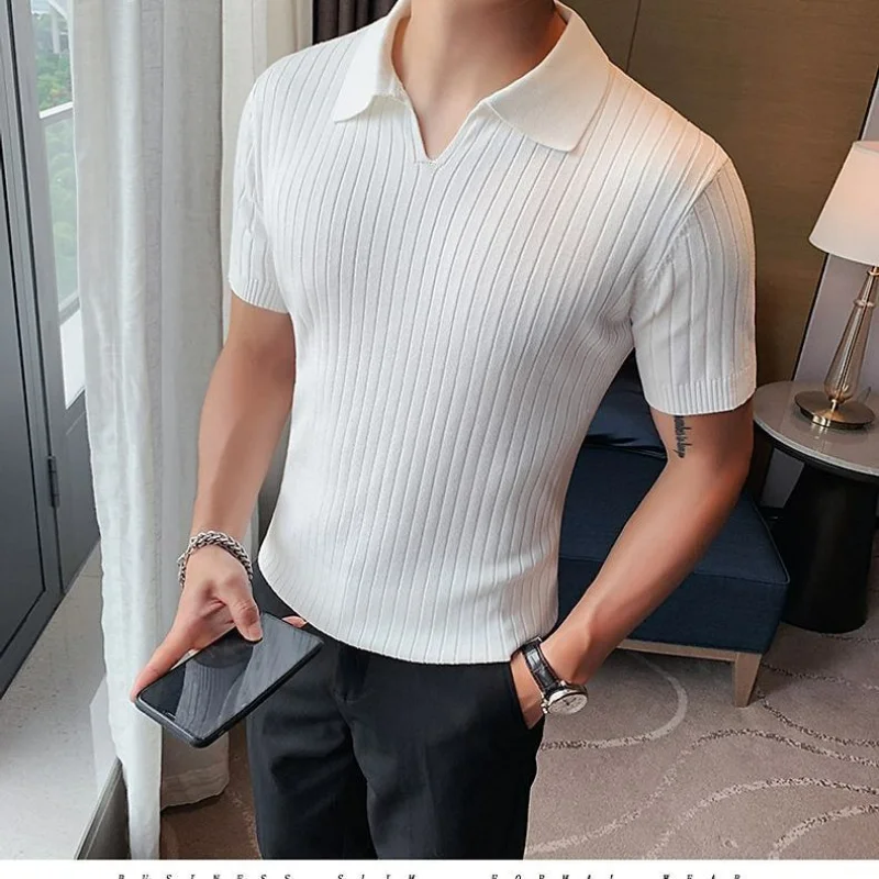 Korean Business Casual Summer New Ice Silk Men\'s Short Sleeved Polo Shirt Lapel Solid Jacquard Stripe Screw Thread Slim Thin Top