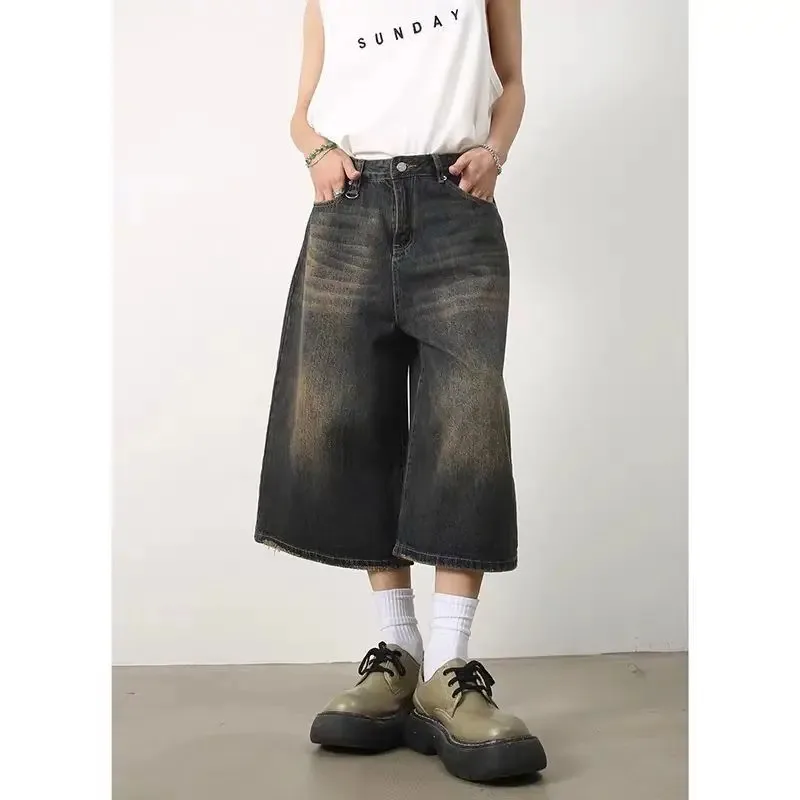 Deeptown Vintage Loose Jorts Jeans Y2k Streetwear Oversize Shorts Denim Pants Korean Fashion Baggy Grunge Trouser Summer Neutral