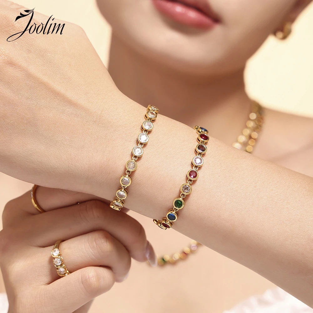 

Joolim Jewelry Wholesale High End PVD Fashion Dainty Colorful Round Zirconia Pave Chain Stainless Steel Bracelet for Women