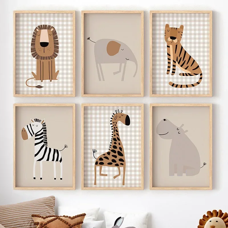 (No frame)Lion Tiger Elephant Giraffe Jungle Animal Nursery Wall Art Canvas Painting Posters And Prints Wall Pictures Baby Ki