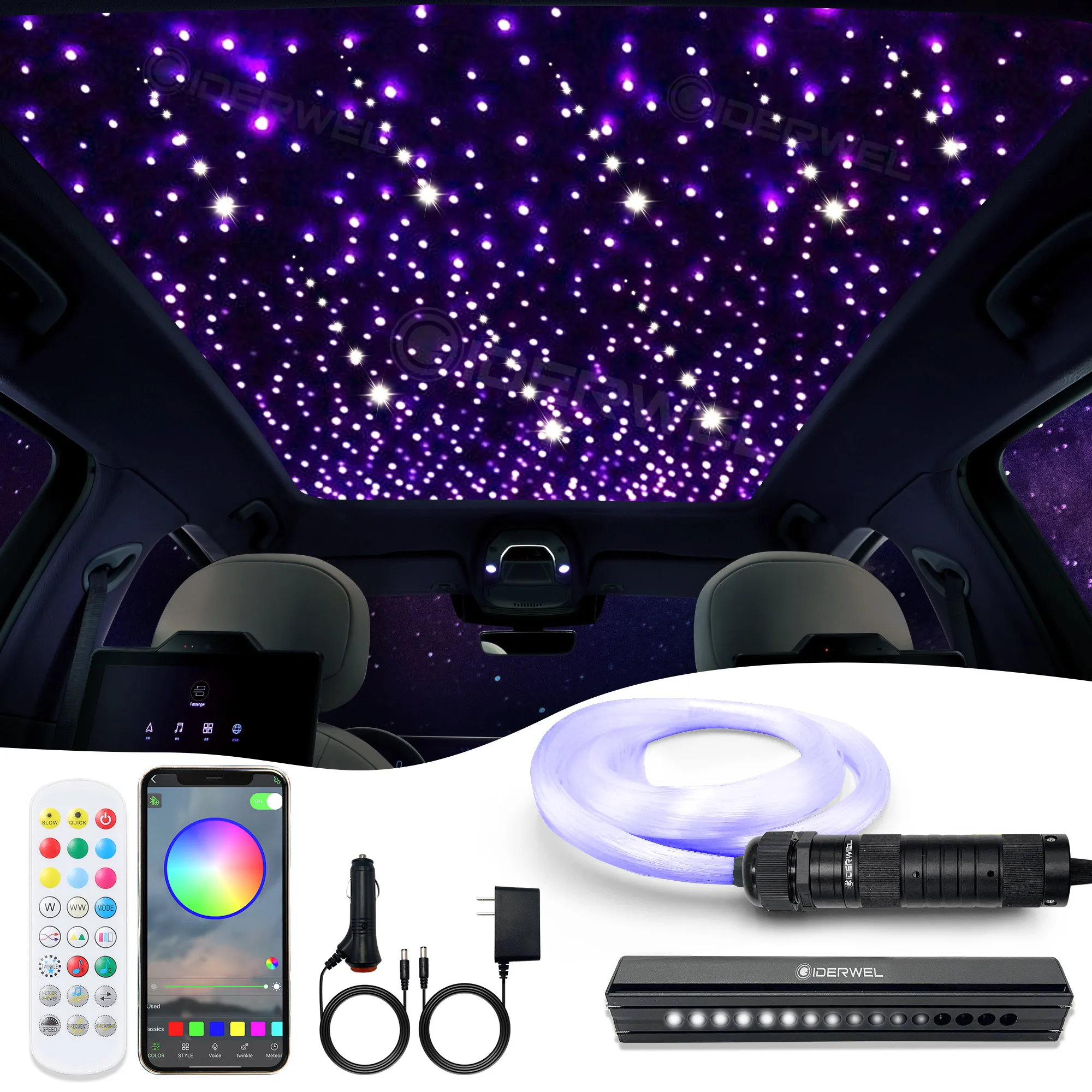 Car Roof Starry Sky LED Optic Fiber Lights RGBW Shooting Star Effect Ceiling Atmosphere Lamp with Smart APP and RF Control DC12V