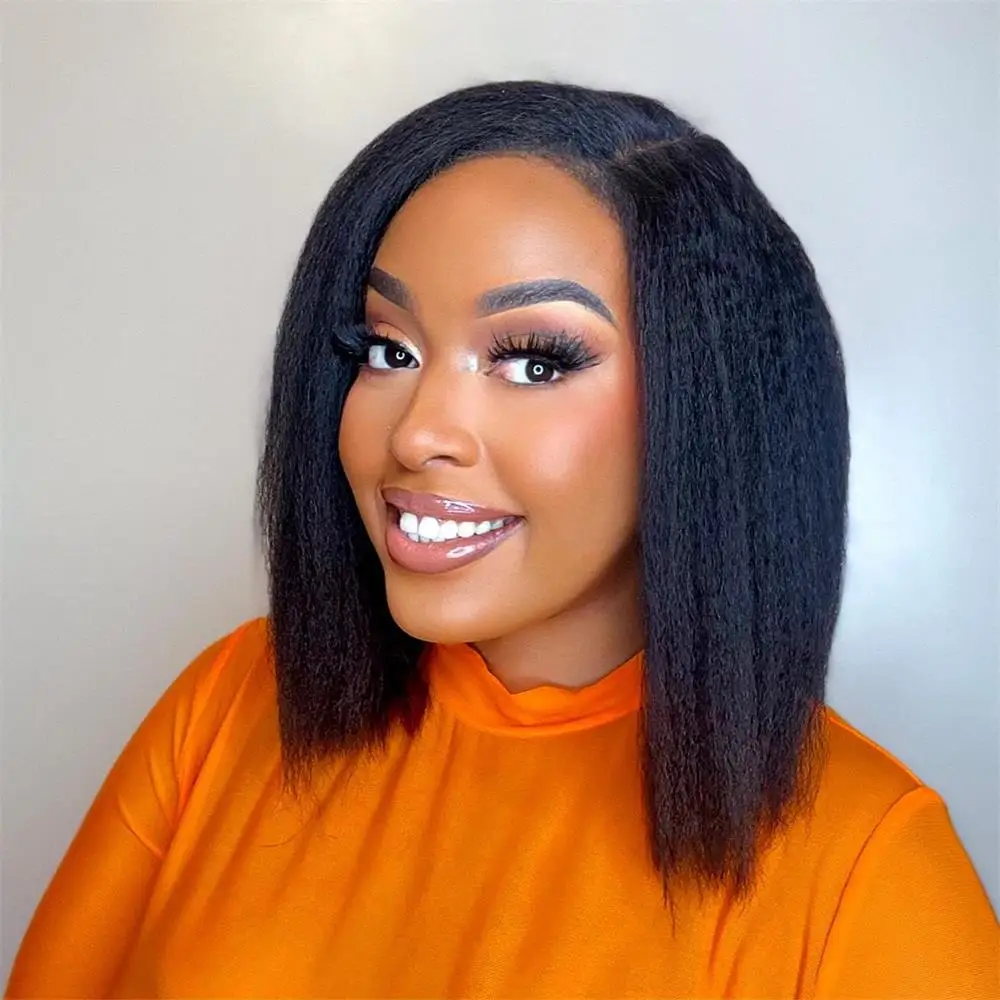 Kinky Straight Human Hair Wigs Wear And Go Glueless Wigs Bob Wig Human Hair 4X4 Lace Yaki Straight Human Hair Wigs For Women