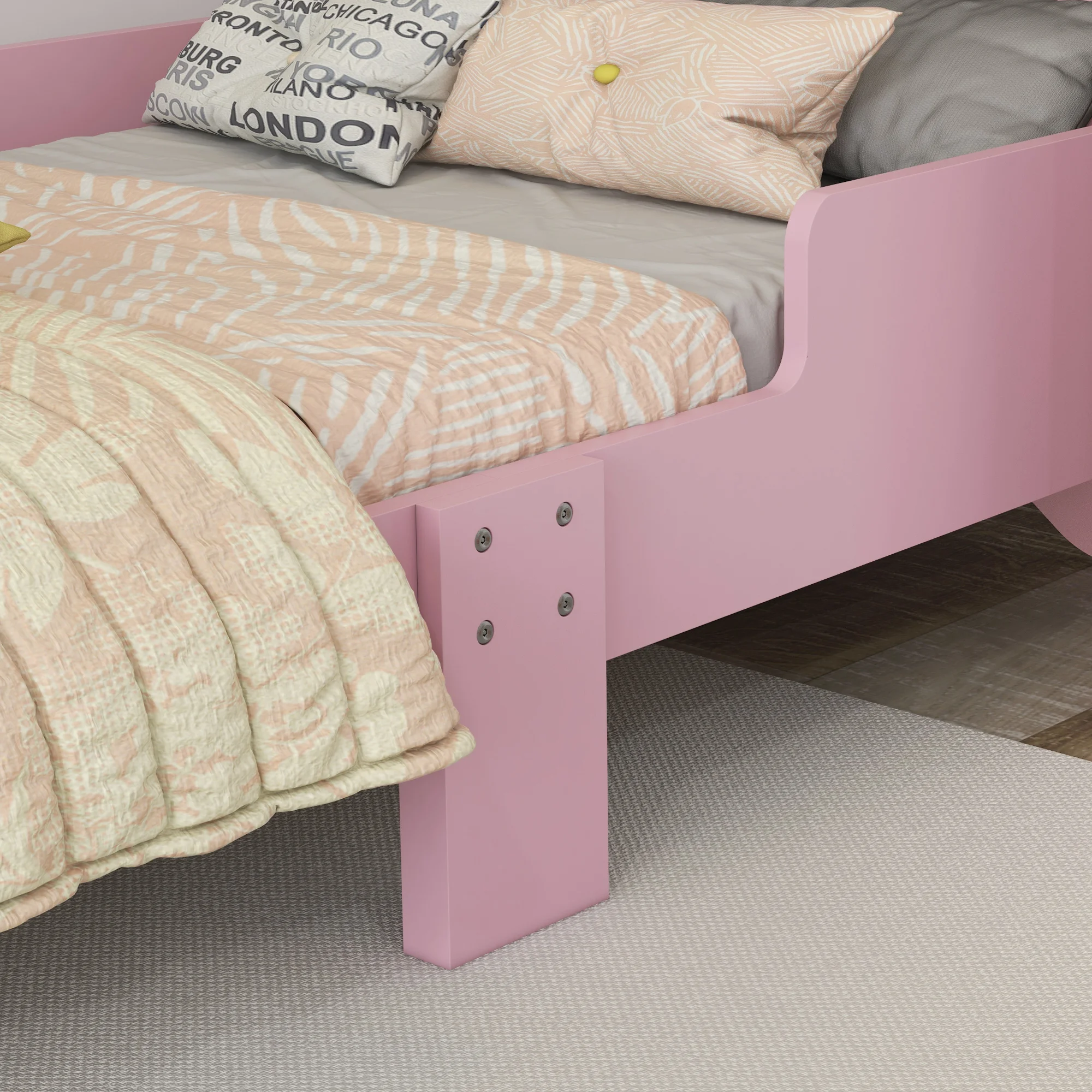ZONEKIZ Toddler Bed Frame, Kids Bed Cat Design Princess Bed with Guardrails, for 3-6 Years Old, 143L x 74W x 72Hcm - Pink