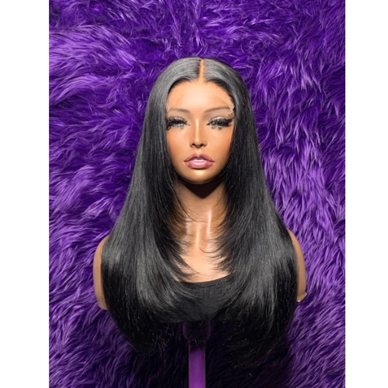 

Soft Long Glueless Preplucked 26Inch 180% Density Black layered hair Silky Straight 13*4 Lace Front Wig With Baby Hair Fiber