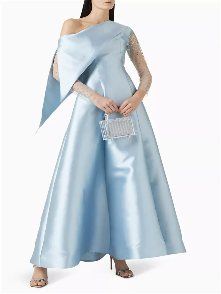 Customized Chic Rhinestone Formal Evening Dress One-shoulder Transparent Rhinestone Long-sleeved Draped Neckline A-line Dress