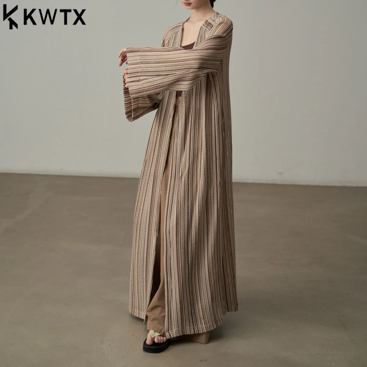 KWTX 2025 Nowa Sukienka Koszulowa w Paski, Płaszcz, Długi Rękaw, Dekolt w Serek, Jednorzędowa, Blokowanie Kolorów, Casualowa, Elegancka, Jesienna Odzież Wierzchnia Damska