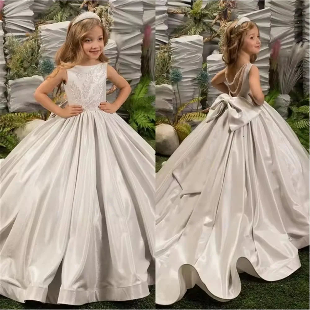

Luxury Flower Girl Dress For Wedding Glitter Sequined With Bow Sleeveless Girl Dress Princess Pageant First Communion Gown