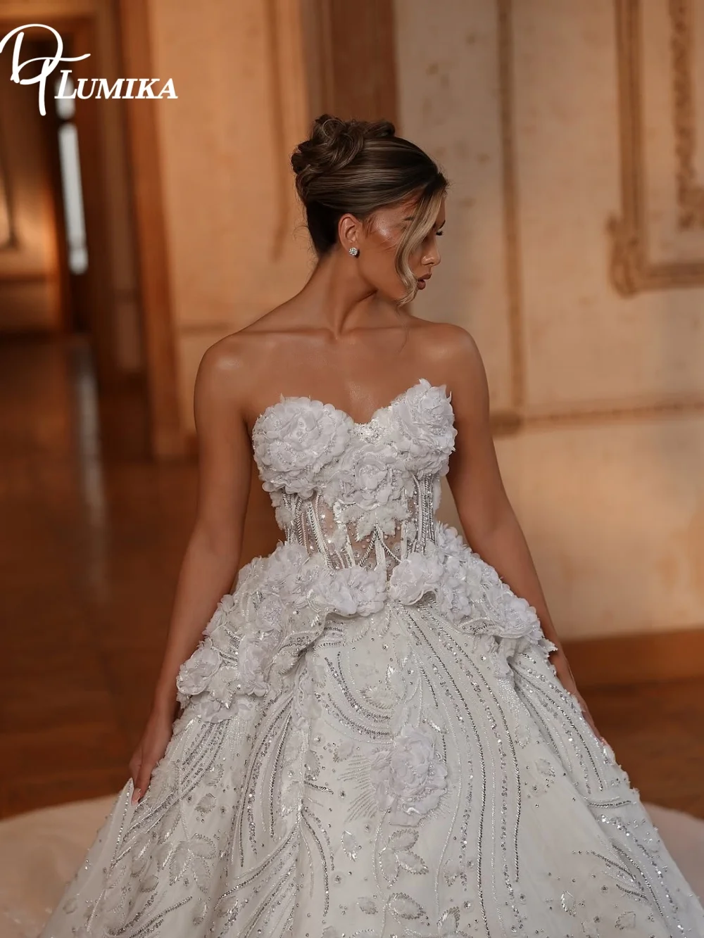 

Гламурное свадебное платье без бретелек с изысканной вышивкой бисером и 3D цветами, свадебное платье для невесты, длина в пол, индивидуальный пошив, Vestido De Novia