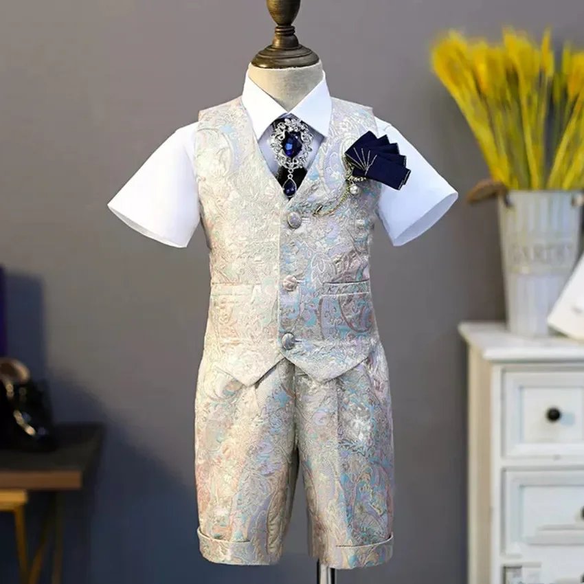 Children's Formal Vest Suit Wedding Birthday Baptism Party Boy Gown Piano Performance Costume Kids Waistcoat Sets A2174