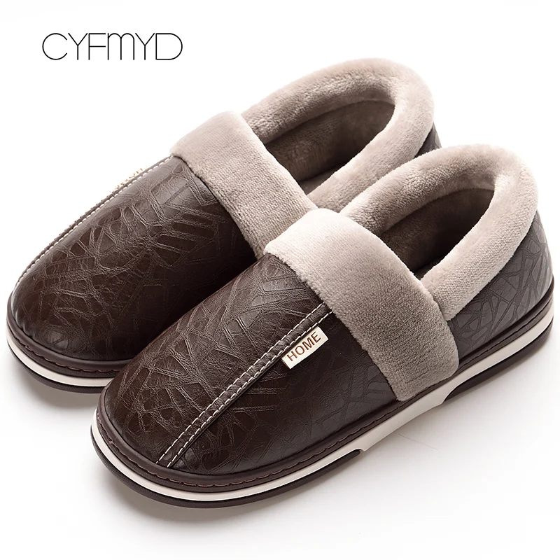 Warm Home Slippers for Men Massage Memory Foam Winter Household Slippers for Male Indoor Shoes Leather Non-Slip Plus Size 50 51