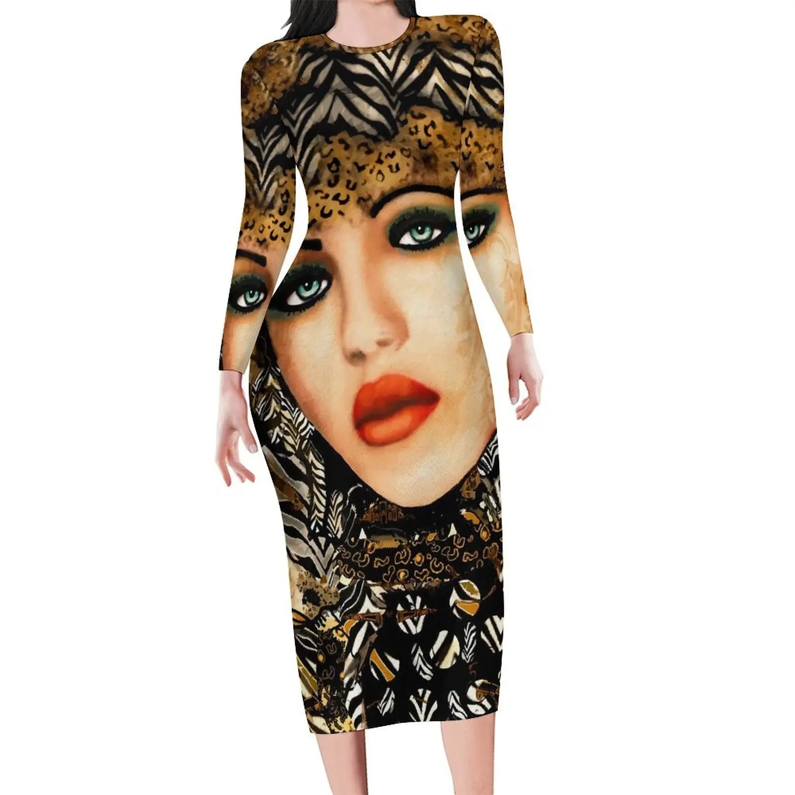 Lady Face Bodycon Dress Women Fashionista abiti Vintage primavera manica lunga abito dal Design estetico di grandi dimensioni