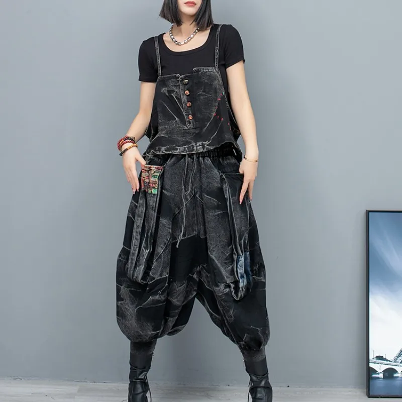 

2024 Spring Summer New Trendy Black Matching Set Denim Suspender Vest + Lantern Pants Two-piece Set Women LX336