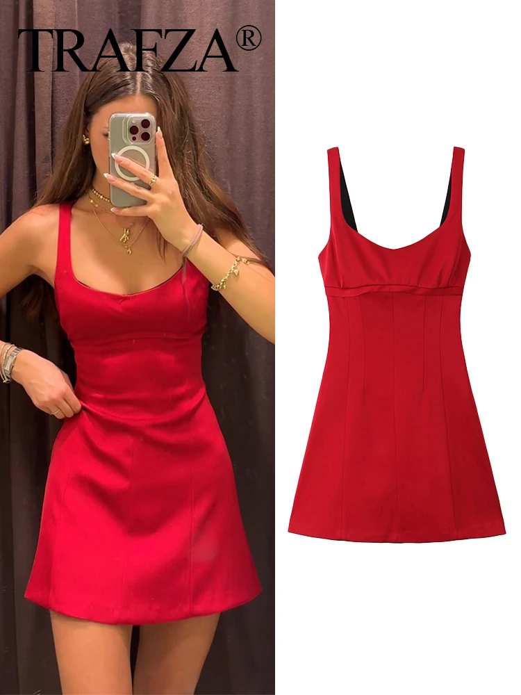 TRAFZA Women's Sexy Fashion Red Square Collar Open Silk Satin Texture Mini Dress Female Elegant Sleeveless Backless Zipper Dress