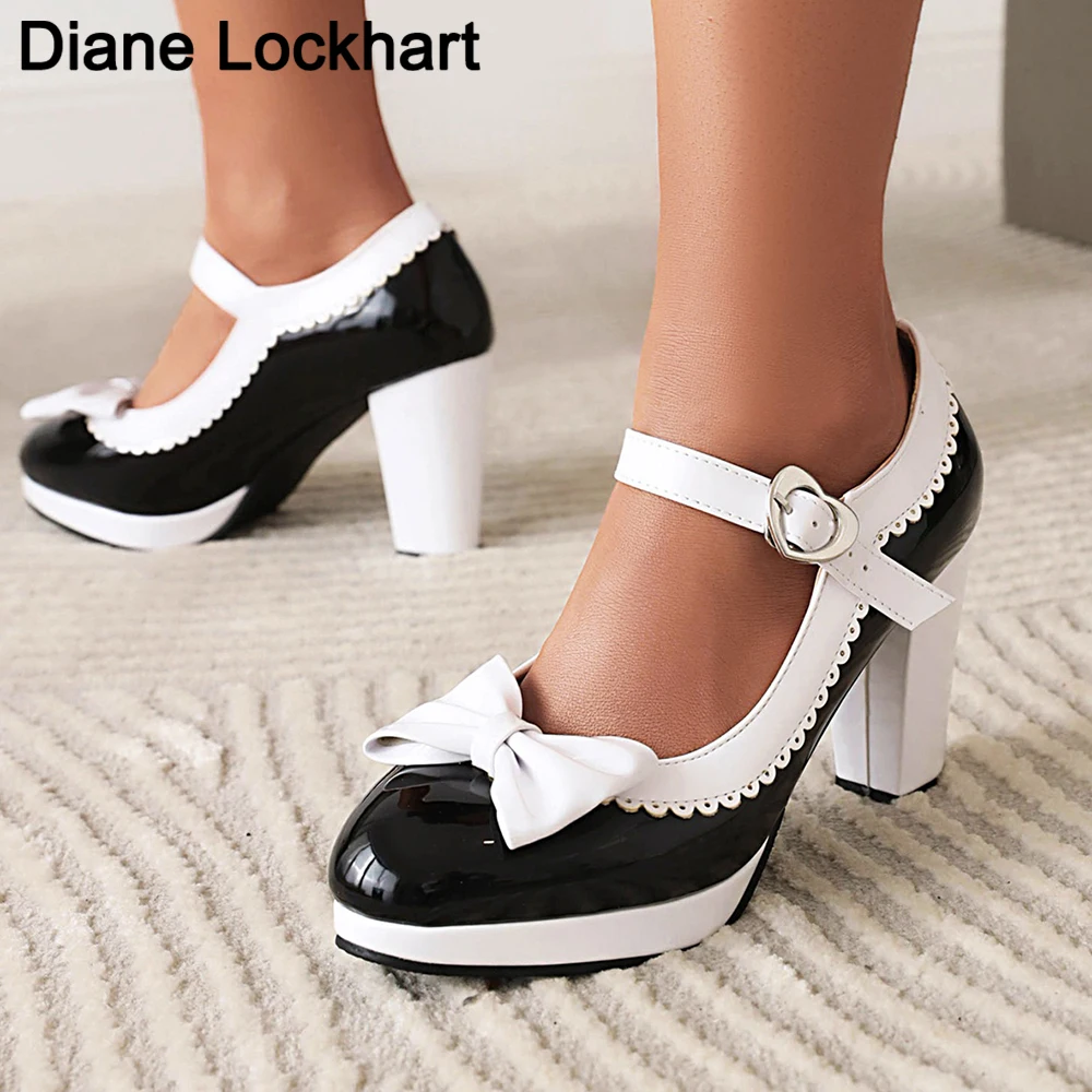Sweet Mary Jane High Heels Women\'s Bow Pumps Patent Leather Woman Thick Platform Lolita Women Party Shoes Buckle Shallow Shoes