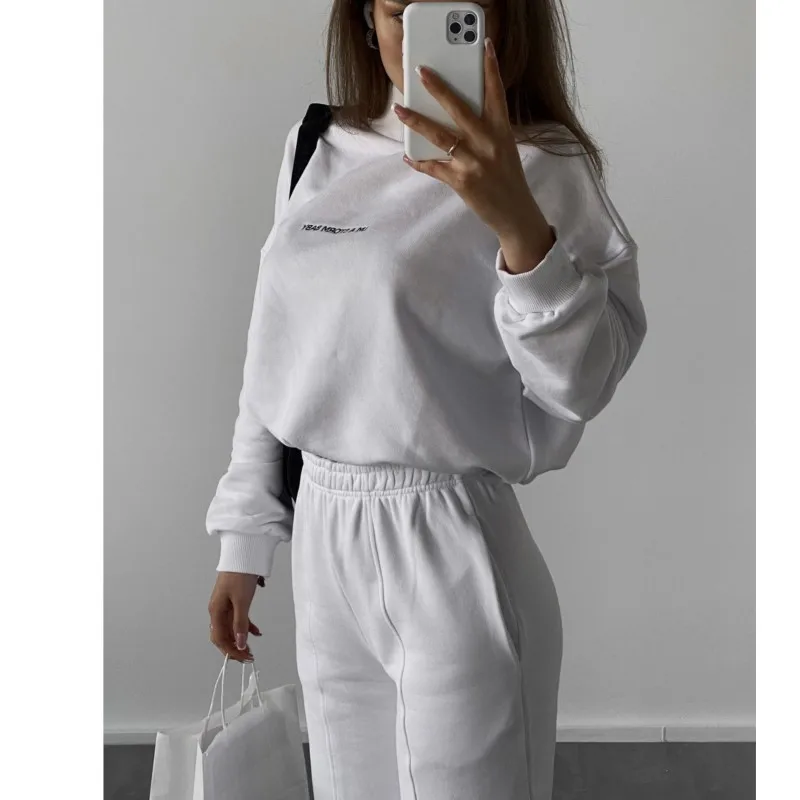 Women Solid Tracksuit 2 Piece Set Fashion High Collar High Waist Sports Pants Warm Suit Autumn Winter Lady Casual Sweatshirt Set