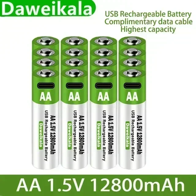 

2025 New 1.5V AA USB Rechargeable Battery 12800 mAh Li-ion Battery for Remote Control Mouse Electric Toy Battery + Type-C Cable