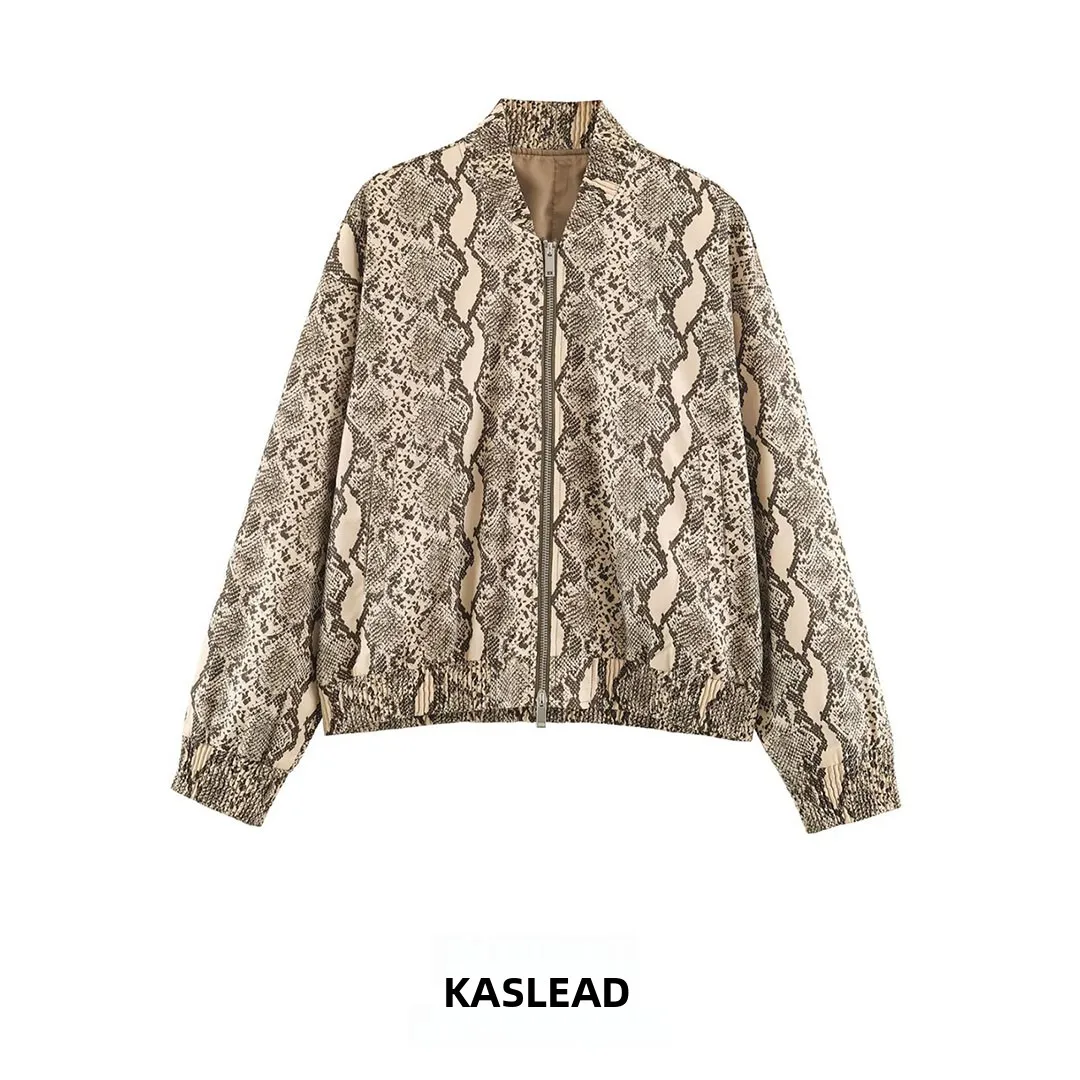 KASLEAD New Women's Fashion Design High-End Versatile Snake Skin Pattern Jacket Outerwear Long Sleeve Zipper Polyester Fiber