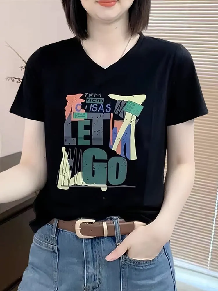 Women's V-Neck Short Sleeve T-Shirt Loose Fit Summer New Style Casual Cotton Breathable Comfortable plus Size Half Sleeve Top