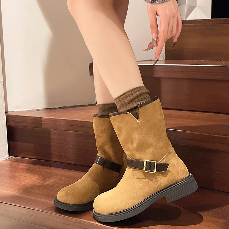 Women's Thick Heel Single Boots Autumn New Round Head Belt Buckle Anti-slip Wear-resistant Short Wear-resistant Boots