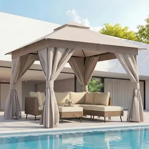Gazebo 10x10ft, Heavy Duty Patio Gazebo with Expansion Bolts, Party Canopy Tent with Double Roofs, Mosquito Nettings