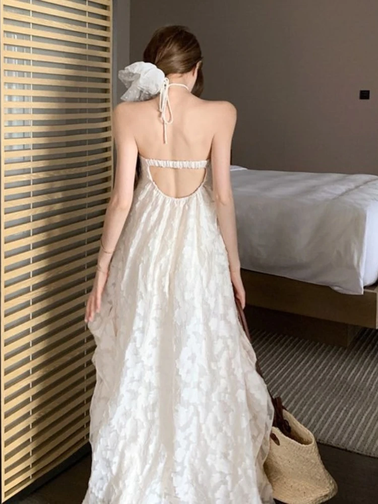 2025 春 ホルターネック バックレス ドレス A ライン パッド入り ビーチ ドレス エレガント レース カットアウト リゾート マキシ ドレス ガールズ レディース