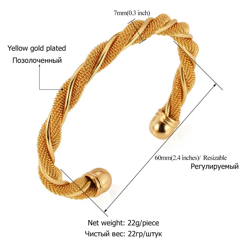 U7 Twisted Braiding Net Cable Cuff Bangle Bracelet Trendy Gold/Silver Color Jewelry 6cm Diameter Round Adjustable Size QC24