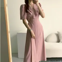 South Korea Chic Midi Dress Women Summer Japan Style Retro Vintage Design Ruffles Pink One-Piece Lace-Up Dress FLHJLWOC Vestidos