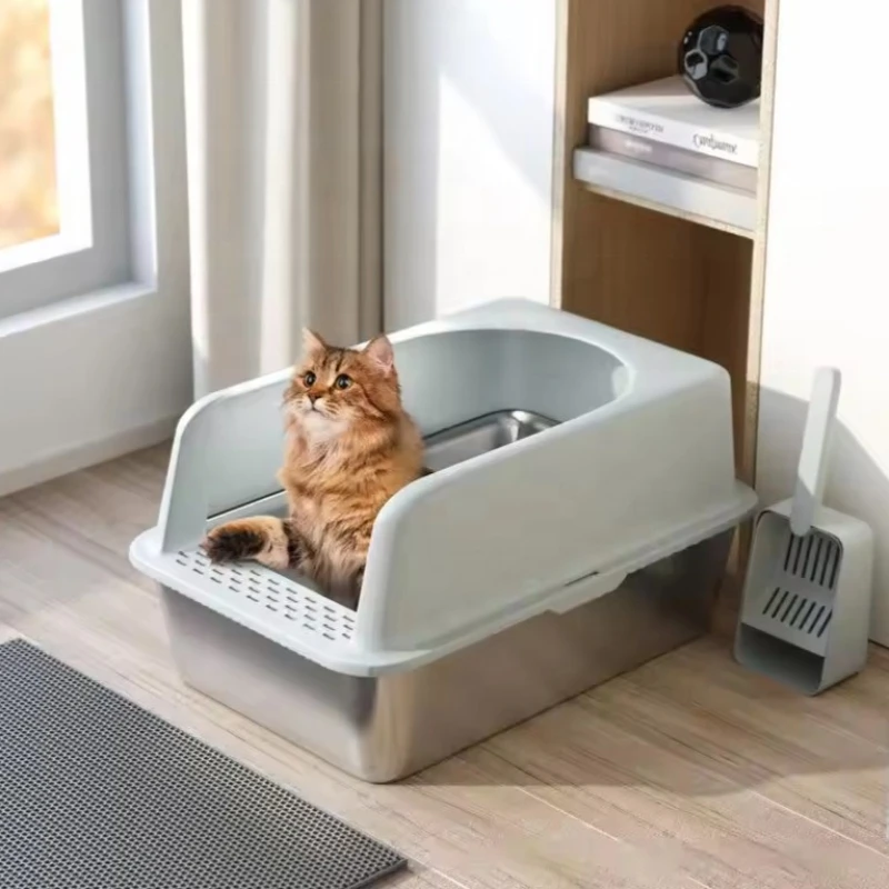 

Stainless Steel Cat Litter Box Oversized Semi-enclosed Easy To Clean Splash-proof Corrosion-proof Integrated Cat Litter Scoop