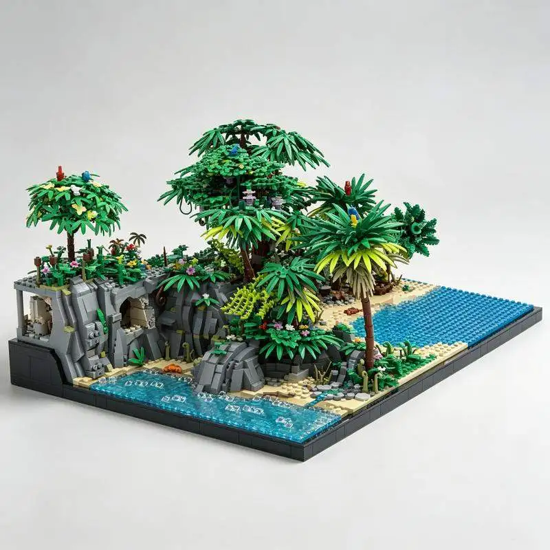 5693PCS MOC Complete Modular Tropical Island Atoll Scene Palm Trees Lagoon Building Blocks Model DIY Assembly Display Gift Set