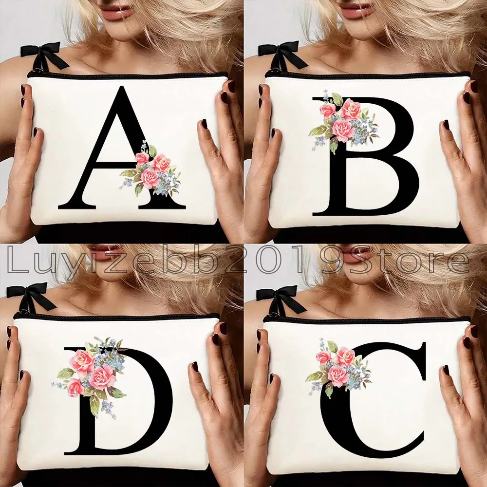 

Floral Monogram Initial Letter with Flowers Alphabet Gifts Canvas Cosmetic Bags Makeup Brush Organizer Cotton Pouch Toilet Bags