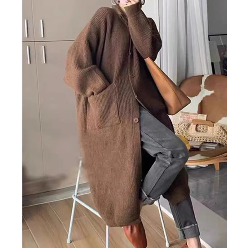 Women Long Sleeved Knitted Cardigan Solid Casual Single-breasted High Neck Double Pockets Knitwear Coat Winter Long Sweater