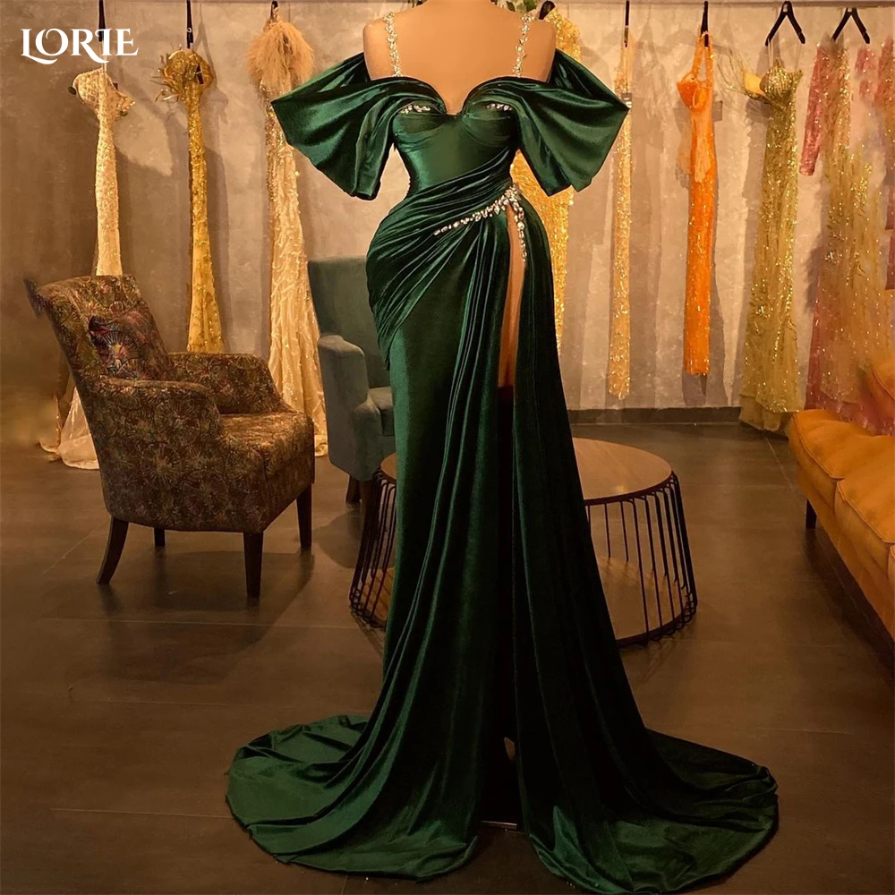 

LORIE Green Mermaid Formal Evening Dresses Shiny Satin Off Shoulder Pleated Side Slit Prom Dress Arabia Dubai Bride Party Gowns