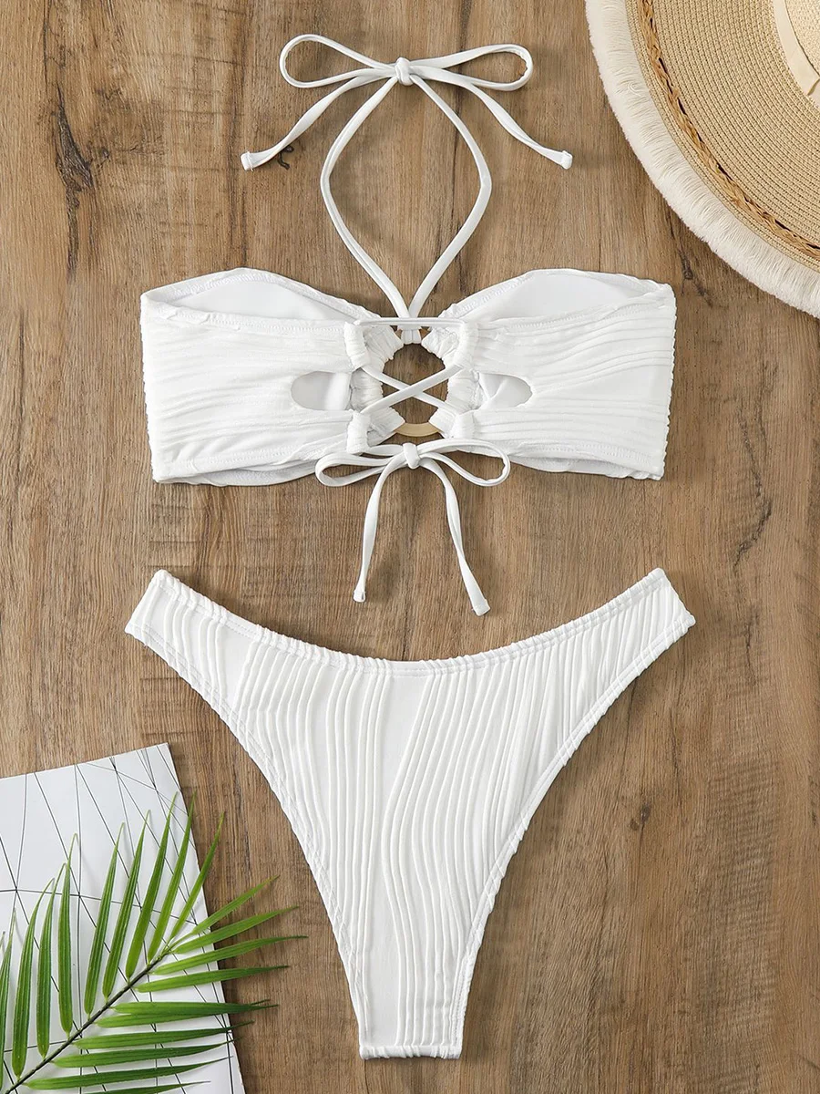 Sexy Ring Linked Wrinkled Bikini 2025 Women Bandeau Swimsuit Female Swimwear Two Pieces Bikini Set Bathing Suit Swim Beachwear