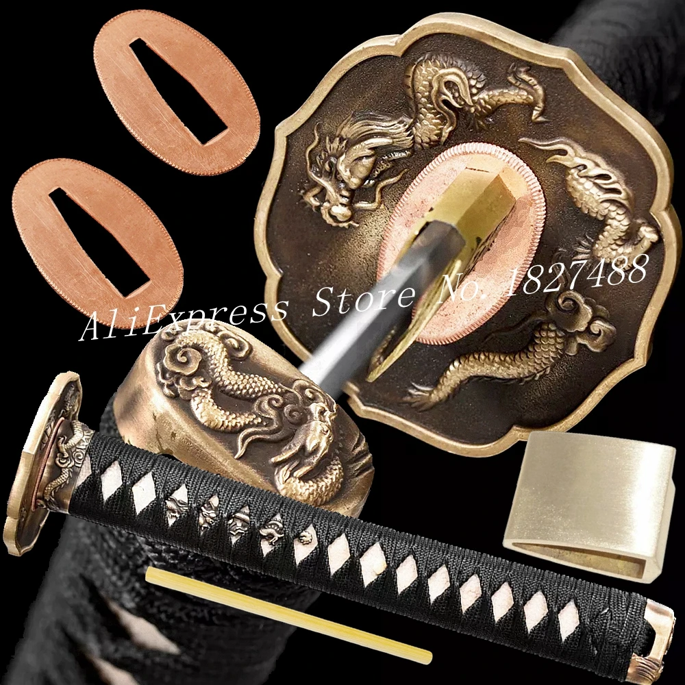 

Black Ito Tsuka Brass Dragon Guard Japanese Sword Samurai Katana Set Fittings Tsuba+Kashira+Fuchi+Menuki+Seppa+Habaki+Handle