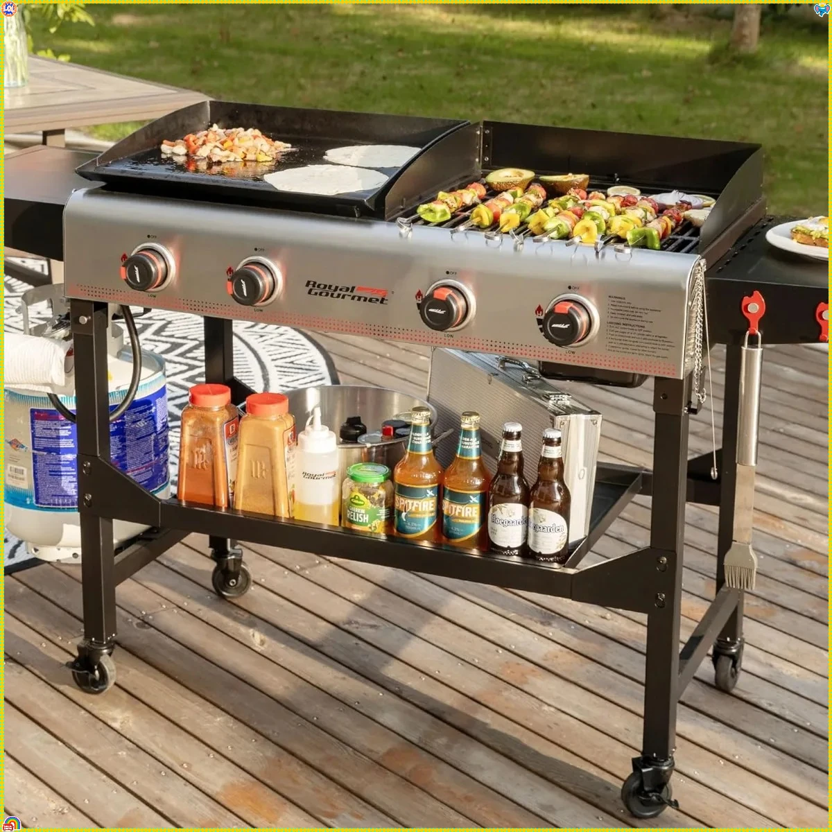 

Портативная гриль-гриль с 4 конфорками, 48K BTU, комбинированная пропановая сковорода со складными ножками для быстрого установки задней двери и приготовления пищи на открытом воздухе, черный, серебристый цвет