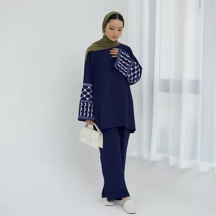 

2025 Summer Fashion Embroidery Muslim Women's Set Tops Shirt High Waist Loose Wide Leg Pants Elegant Two Piece Set Islamic Suits