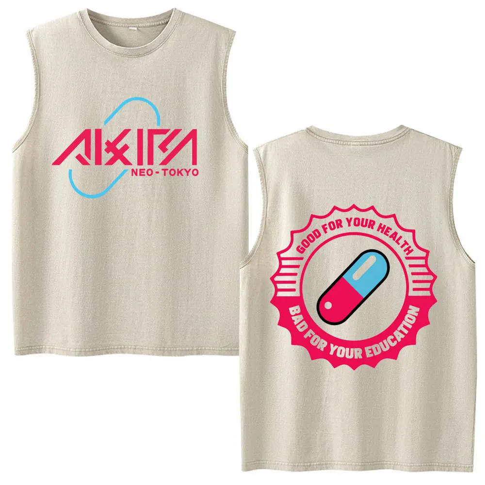 Anime Akira Neo Tokyo Japan Shotaro Kaneda Vintage Washed Tank Tops Men Women Clothing Cotton Sleeveless Vest T-shirt Streetwear